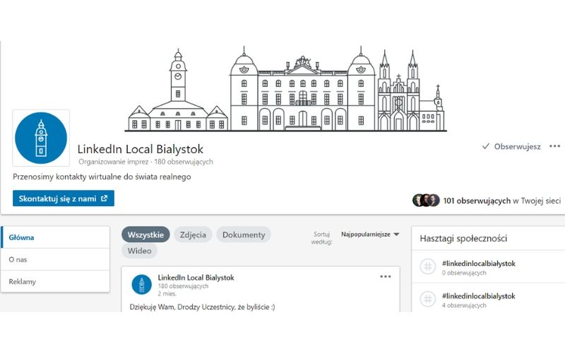 Obrazek pokazuje przykład strony firmowej na LinkedIn - company page LinkedIn Local Białystok.