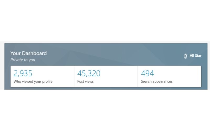 Obrazek pokazuje statystyki profilu prywatnego, które można analizować na LinkedIn.