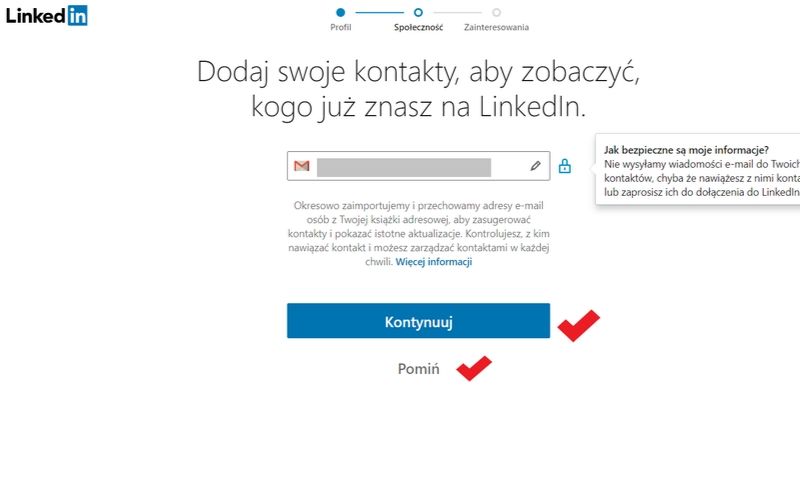 Obrazek pokazuje, jak założyć profil na LinkedIn i zaimportować listę kontaktów z poczty e-mail.