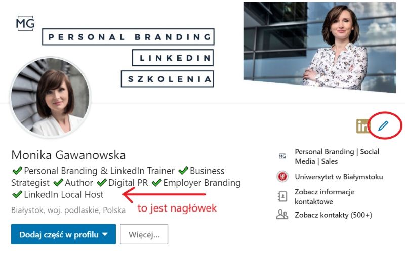 Obrazek pokazuje, gdzie znaleźć nagłówek profilu na LinkedIn i jak go zmienić.