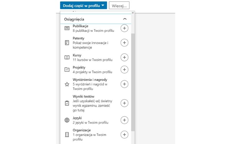 Obrazek pokazuje, jakie dodatkowe elementy warto uzupełnić w profilu na LinkedIn.