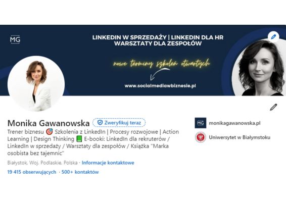 Obrazek pokazuje przykład dobrze opracowanego profilu na LinkedIn